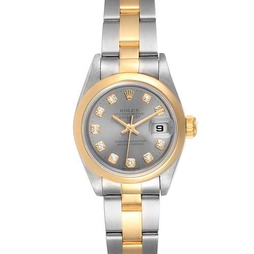 The image shows a front view of a Rolex Datejust 69163 Women's Steel and Gold (two tone) Grey Dial 69163 Women's Steel and Gold (two tone) Grey Dial watch, displaying its dial, bracelet, and date window at 3 o'clock.