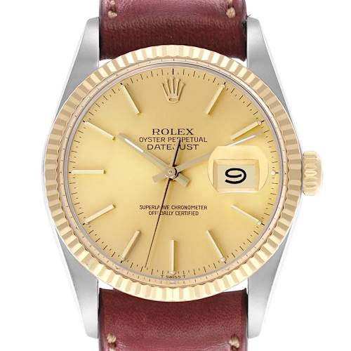 The Rolex Datejust 16013 Men's Steel and Gold (two tone) Champagne Dial 16013 Men's Steel and Gold (two tone) Champagne Dial watch is shown from a front angle, highlighting the dial, bezel, crown, and strap.