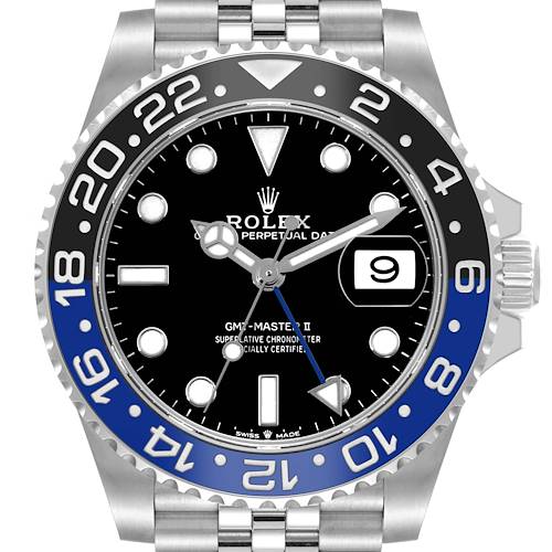 The image shows a close-up front view of the Rolex GMT-Master 126710BLNR Men's Stainless Steel Black Dial 126710BLNR Men's Stainless Steel Black Dial II watch, highlighting its black and blue bezel, dial, and date display.