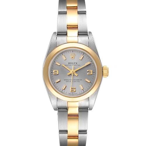 The image shows a front view of a Rolex Oyster Perpetual 76183 Women's Steel and Gold (two tone) Grey Dial 76183 Women's Steel and Gold (two tone) Grey Dial watch with a two-tone bracelet and yellow gold bezel.