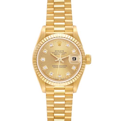 The Rolex President 69178 Women's Yellow Gold Champagne Dial 69178 Women's Yellow Gold Champagne Dial model watch is shown from a frontal angle, displaying the dial, fluted bezel, and President bracelet.