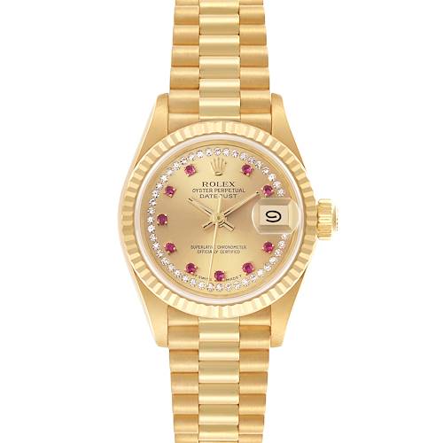 The Rolex President 69178 Women's Yellow Gold Champagne Dial 69178 Women's Yellow Gold Champagne Dial model is shown from a front angle, displaying the dial, date window, bezel, and bracelet.