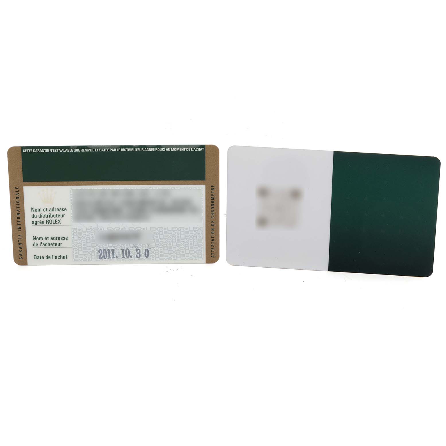 The image shows warranty cards for the Rolex President 118238 Men's Yellow Gold Green Dial 118238 Men's Yellow Gold Green Dial model, viewed from the front and back.