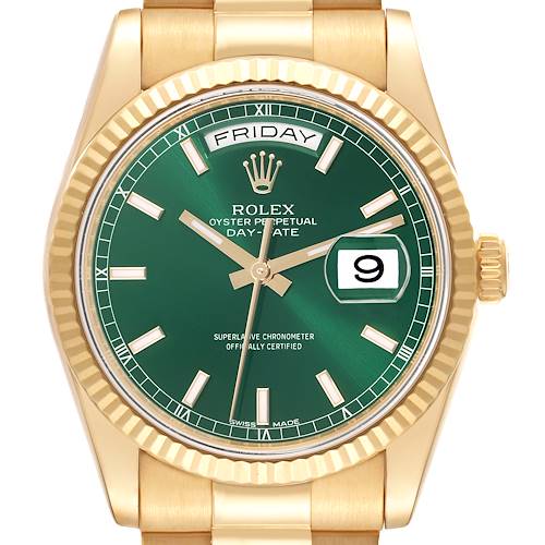 This image shows a close-up front view of a Rolex President 118238 Men's Yellow Gold Green Dial 118238 Men's Yellow Gold Green Dial watch, highlighting its green dial and gold bezel.