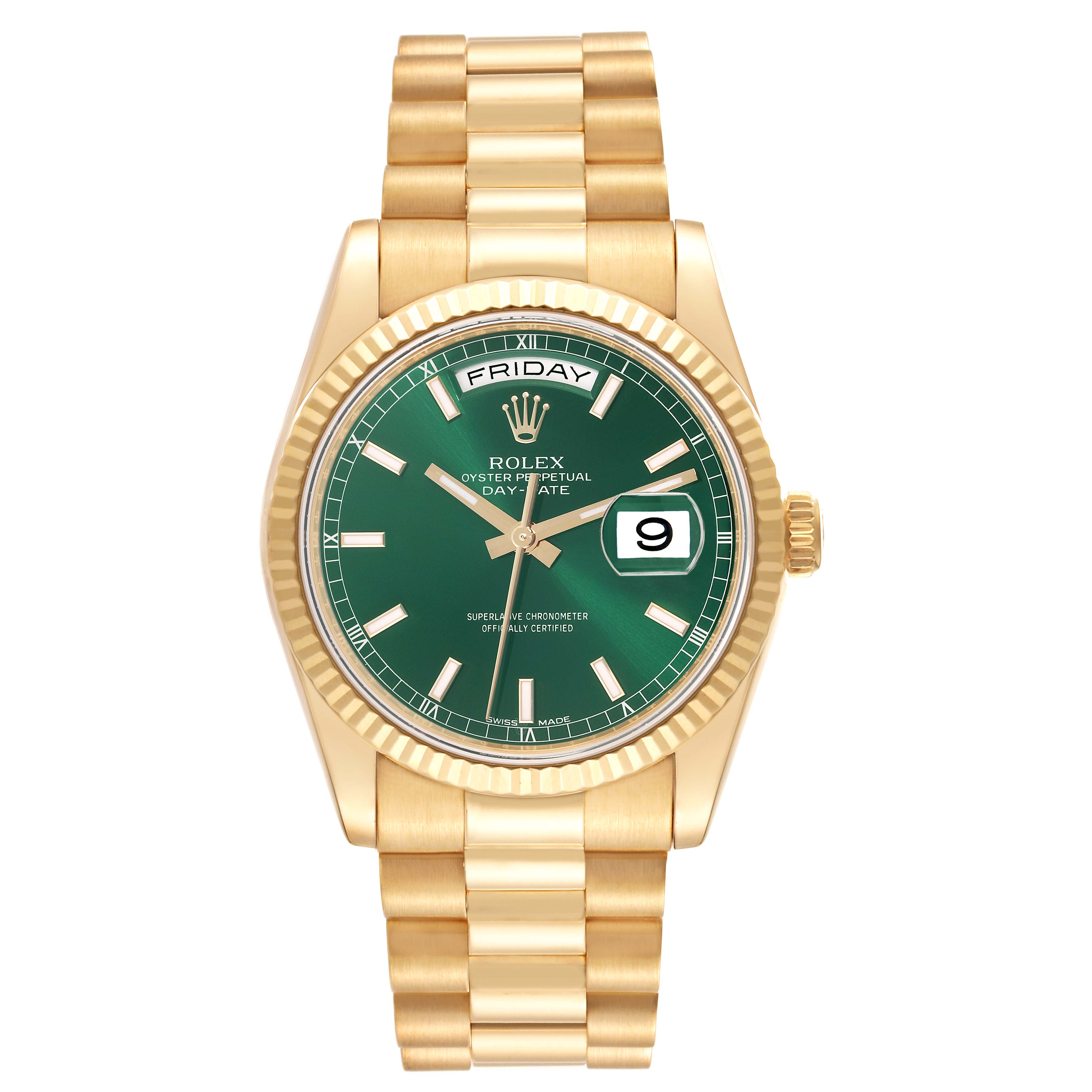 The image shows a frontal view of a Rolex President 118238 Men's Yellow Gold Green Dial 118238 Men's Yellow Gold Green Dial model, including the gold case, green dial, day and date windows, and bracelet.