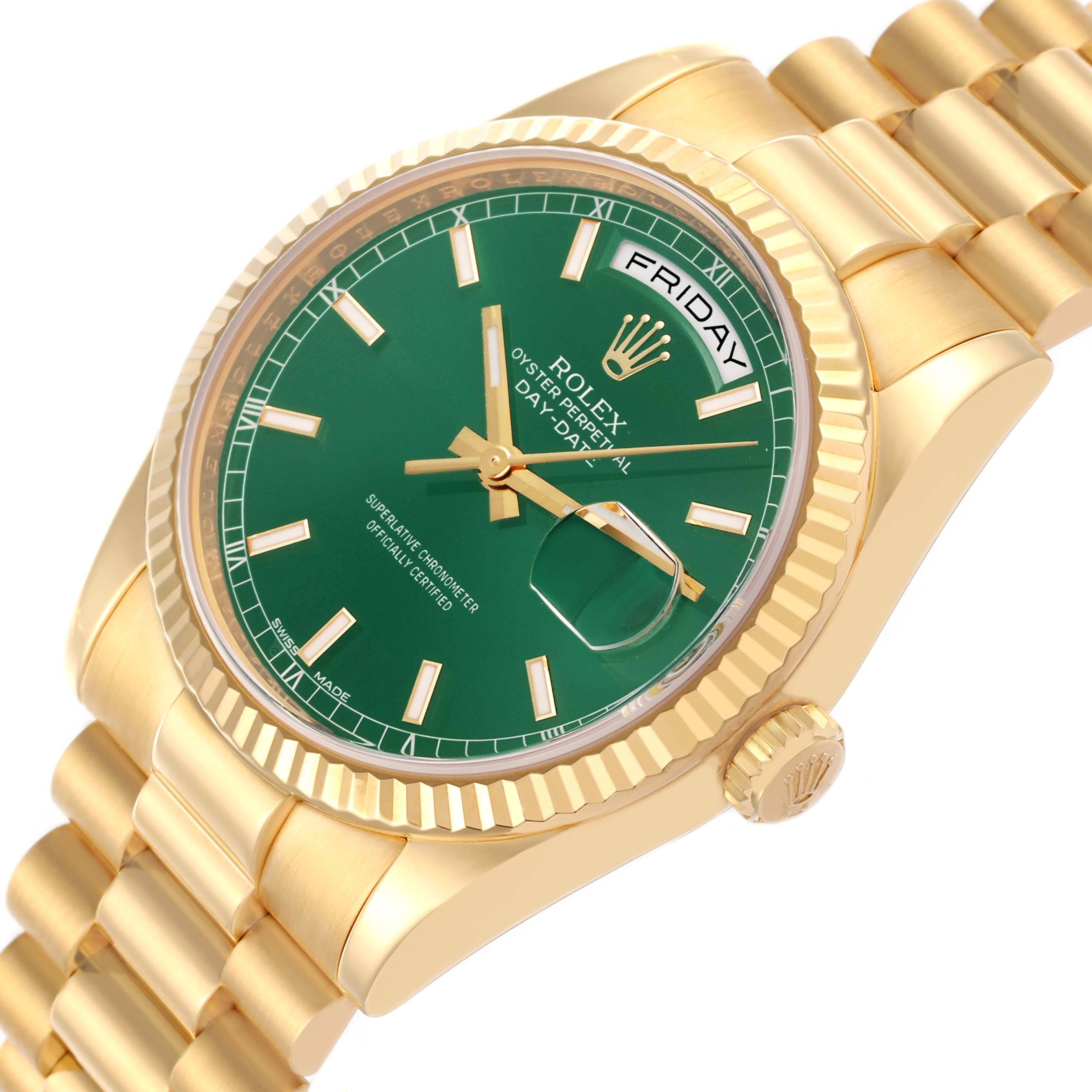 The Rolex President 118238 Men's Yellow Gold Green Dial 118238 Men's Yellow Gold Green Dial model is shown at a slight angle, highlighting its green dial, day-date feature, and gold bracelet.