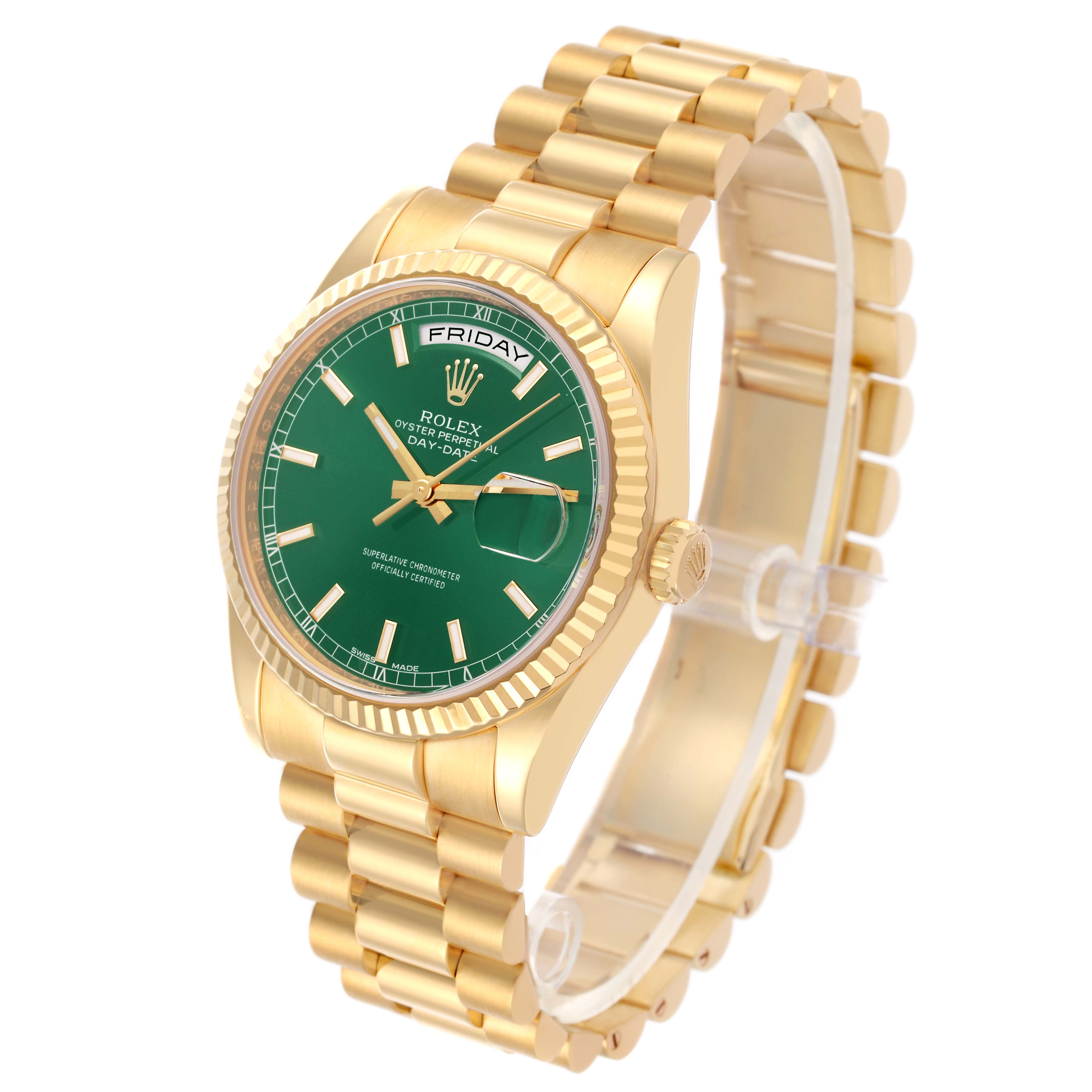 The Rolex President 118238 Men's Yellow Gold Green Dial 118238 Men's Yellow Gold Green Dial model watch is shown at a slight angle, displaying the green dial, gold bezel, and bracelet clearly.