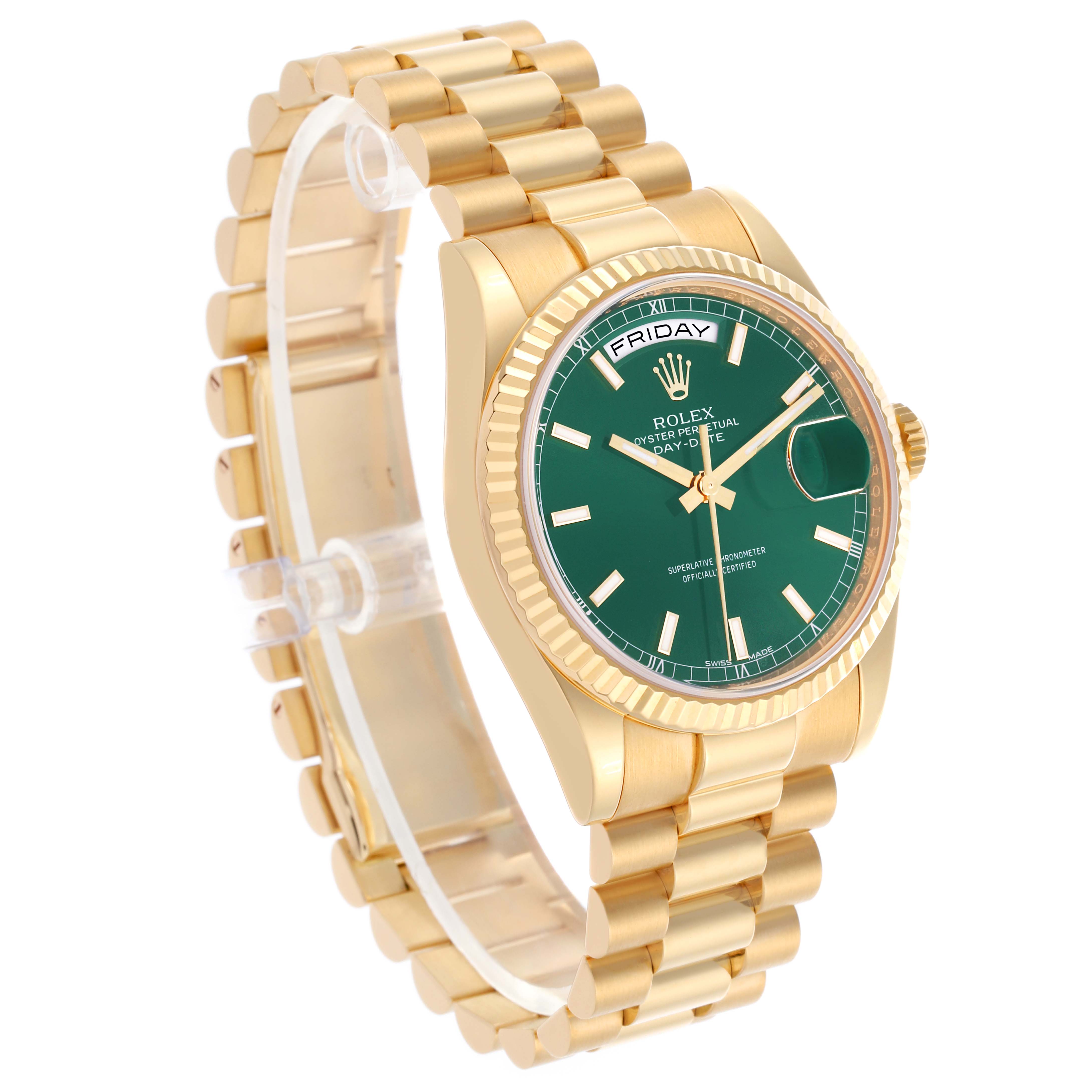The Rolex President 118238 Men's Yellow Gold Green Dial 118238 Men's Yellow Gold Green Dial model is shown at a slight angle, highlighting the green dial, gold case, and bracelet.