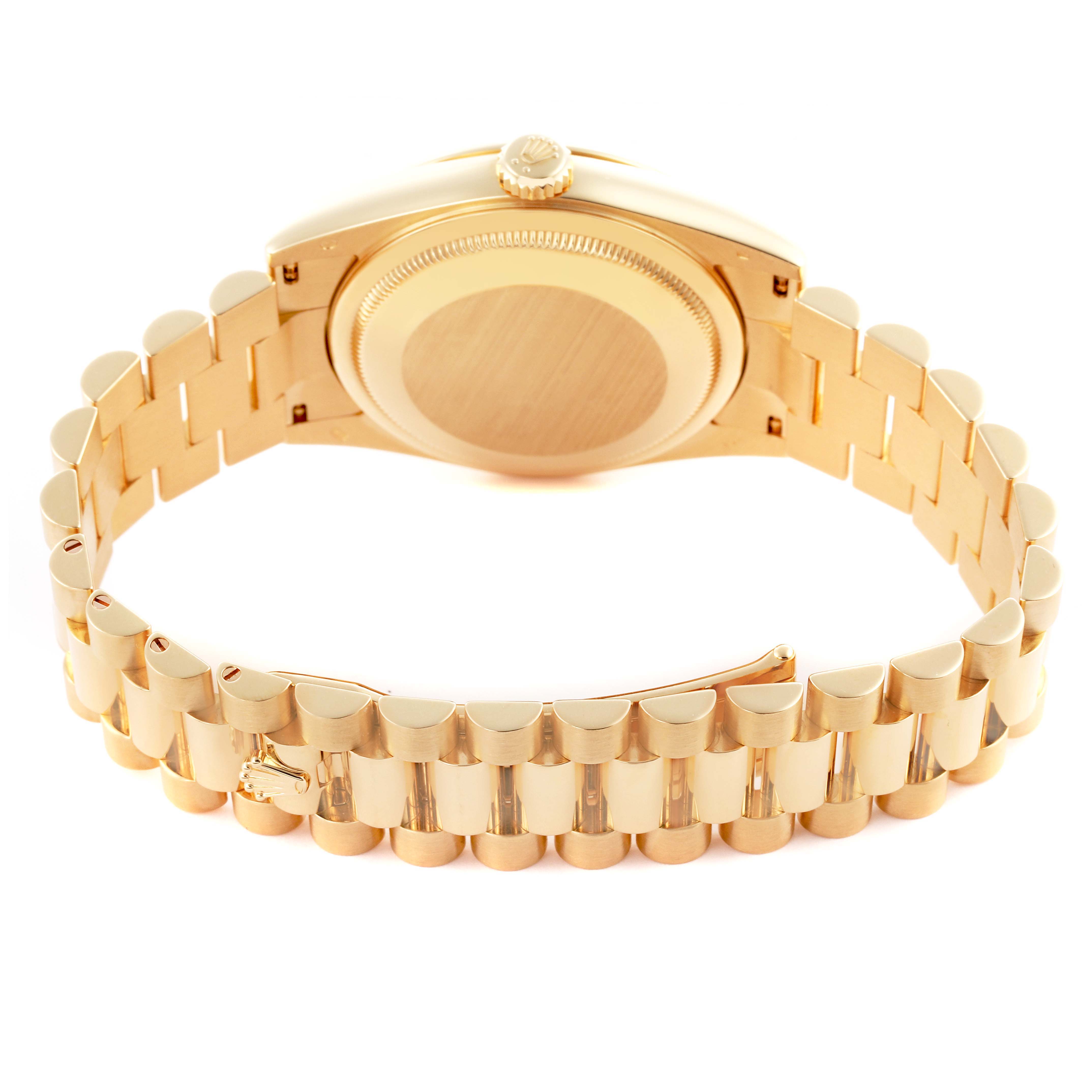 The image shows the Rolex President 118238 Men's Yellow Gold Green Dial 118238 Men's Yellow Gold Green Dial model from the back, featuring its gold case back and bracelet with a partially open clasp.