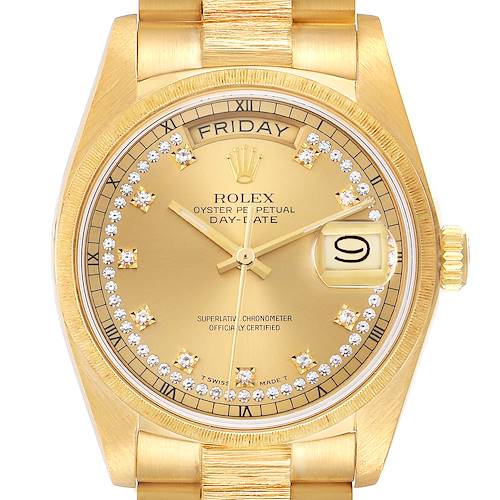This image features a front view of the Rolex President 18078 Men's Yellow Gold Champagne Dial 18078 Men's Yellow Gold Champagne Dial Day-Date watch, showcasing its dial, bezel, and partial bracelet.