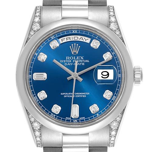 This image shows a front view of the Rolex President 118296 Men's Platinum Blue Dial 118296 Men's Platinum Blue Dial watch with a blue dial, diamond hour markers, and a day-date display.