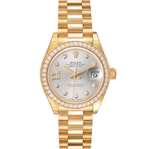 The image shows a front view of a Rolex President 279138 Women's Yellow Gold Silver Dial 279138 Women's Yellow Gold Silver Dial Datejust watch, highlighting its gold body, diamond bezel, and dial.