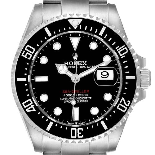 The image shows the front view of the Rolex Sea-Dweller 126600 Men's Stainless Steel Black Dial 126600 Men's Stainless Steel Black Dial watch, displaying its face, bezel, and part of the bracelet.