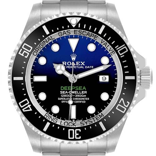 The image shows a front view of the Rolex Sea-Dweller 126660 Men's Stainless Steel Blue Dial 126660 Men's Stainless Steel Blue Dial watch, highlighting the dial, bezel, and crown.
