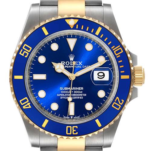 This image shows a front view of the Rolex Submariner 126613 Men's Steel and Gold (two tone) Blue Dial 126613 Men's Steel and Gold (two tone) Blue Dial watch, displaying the dial, bezel, and part of the bracelet.