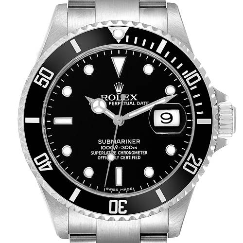 This image shows a frontal view of a Rolex Submariner 16610 Men's Stainless Steel Black Dial 16610 Men's Stainless Steel Black Dial, highlighting the dial, bezel, and part of the bracelet.