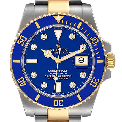 This photo shows a front view of a Rolex Submariner 116613 Men's Steel and Gold (two tone) Blue Dial 116613 Men's Steel and Gold (two tone) Blue Dial watch with a blue dial, date window, and a combination of gold and stainless steel.