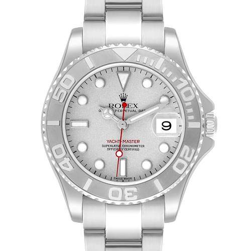 The Rolex Yacht-Master 168622 Men's Stainless Steel Silver Dial 168622 Men's Stainless Steel Silver Dial watch is shown from a top-down angle, highlighting the dial, bezel, and part of the bracelet.