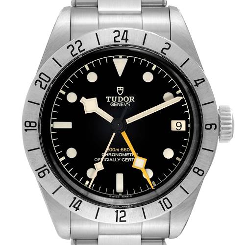 This is a front view of the Tudor Heritage Black Bay M79470-0001 Men's Stainless Steel Black Dial M79470-0001 Men's Stainless Steel Black Dial watch, showcasing its bezel, dial, and stainless steel bracelet.
