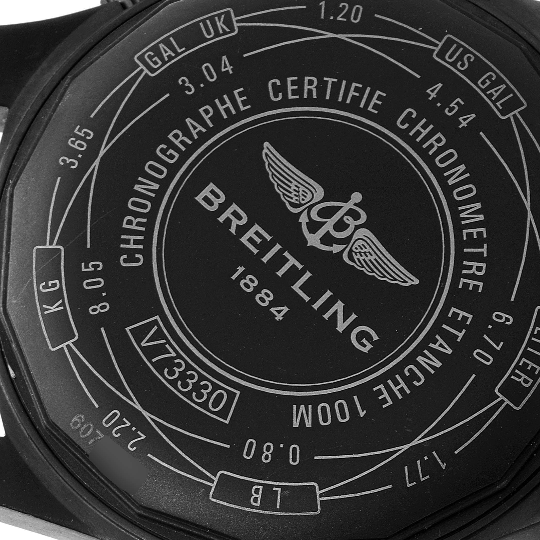 This image shows the back case of a Breitling Professional Series V73330 Men's Titanium Blue Dial V73330 Men's Titanium Blue Dial watch, displaying branding and certification details.