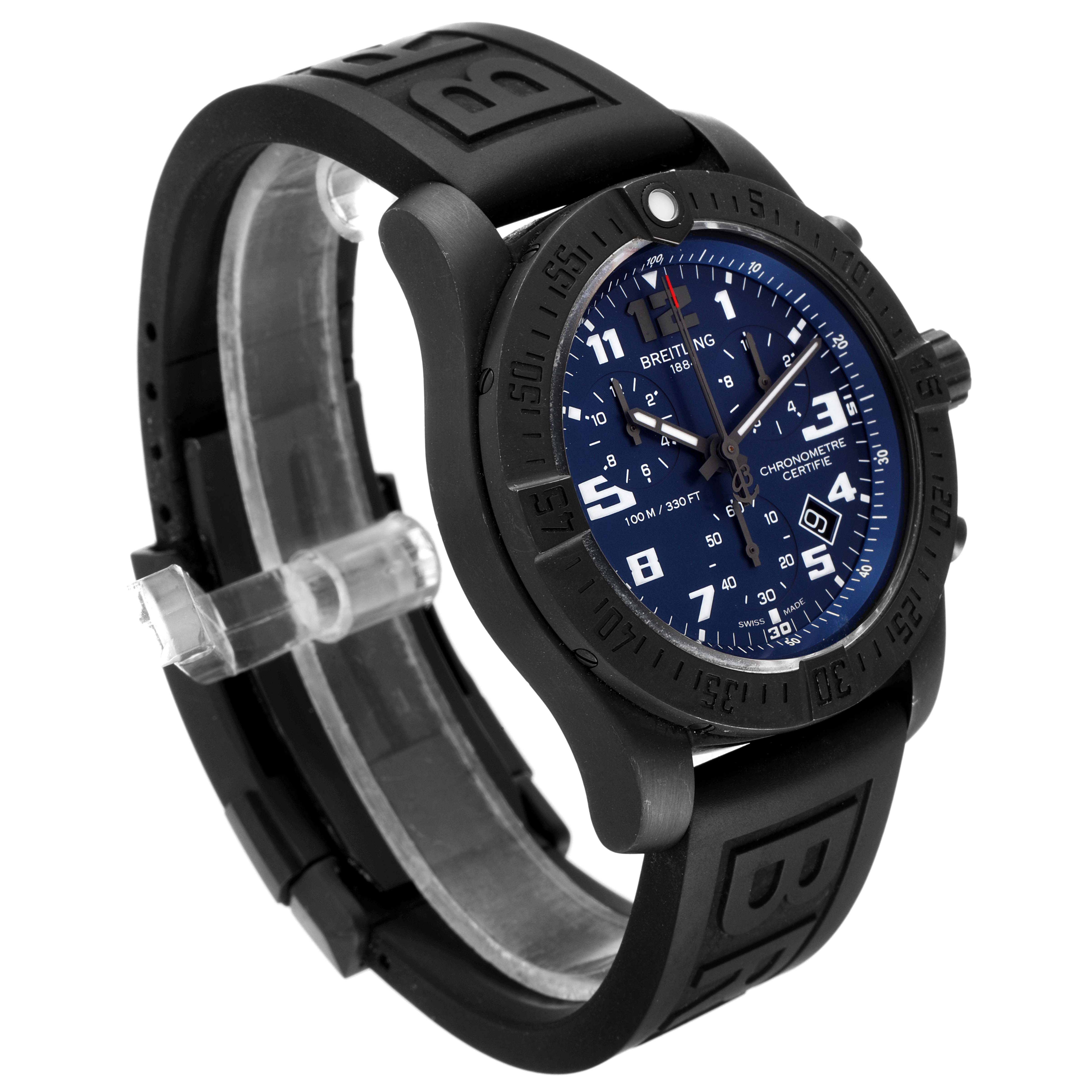 The image shows a side and partial front view of the Breitling Professional Series V73330 Men's Titanium Blue Dial V73330 Men's Titanium Blue Dial watch with a black strap and blue dial.