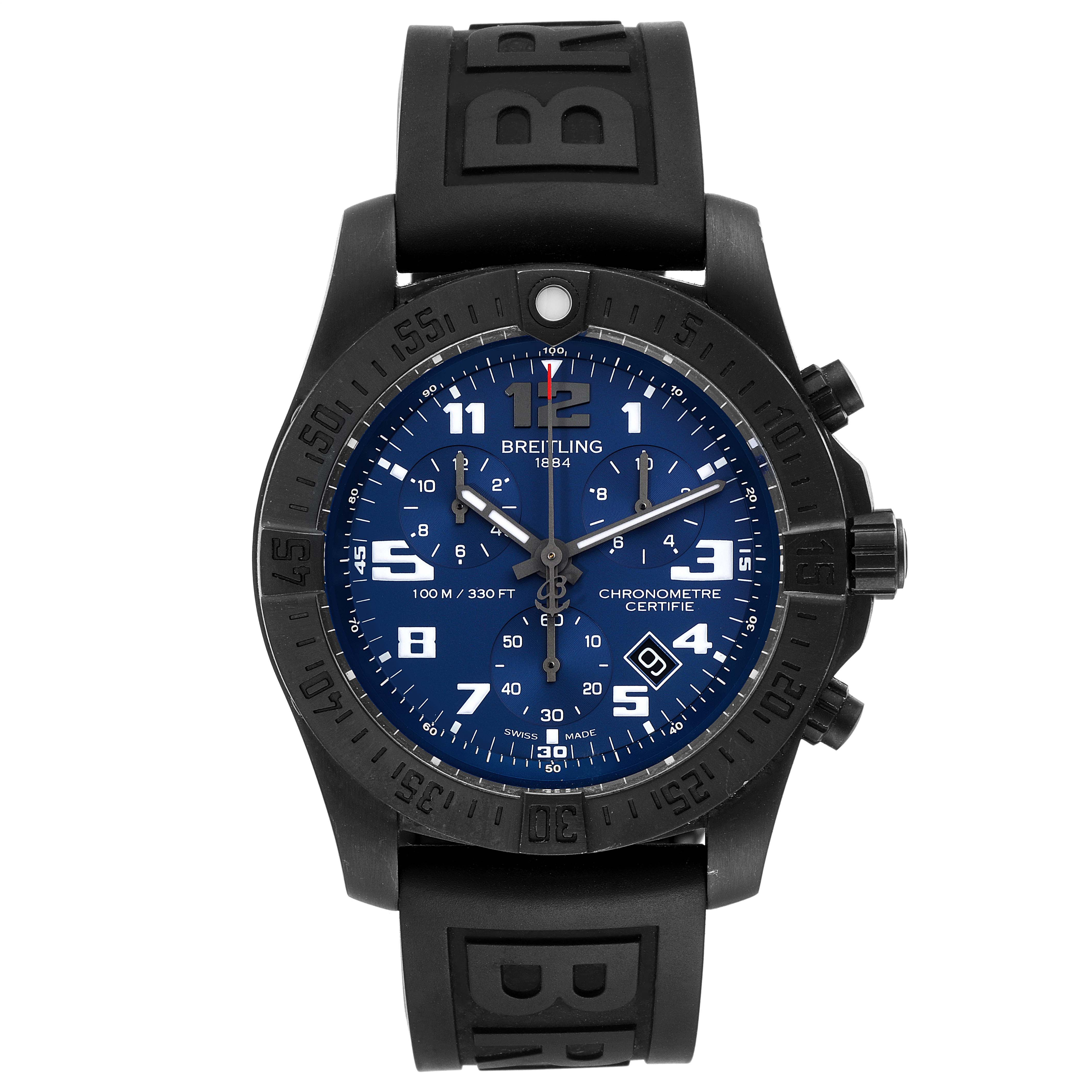 This is a front view of a Breitling Professional Series V73330 Men's Titanium Blue Dial V73330 Men's Titanium Blue Dial watch showcasing its dial, bezel, and rubber strap.