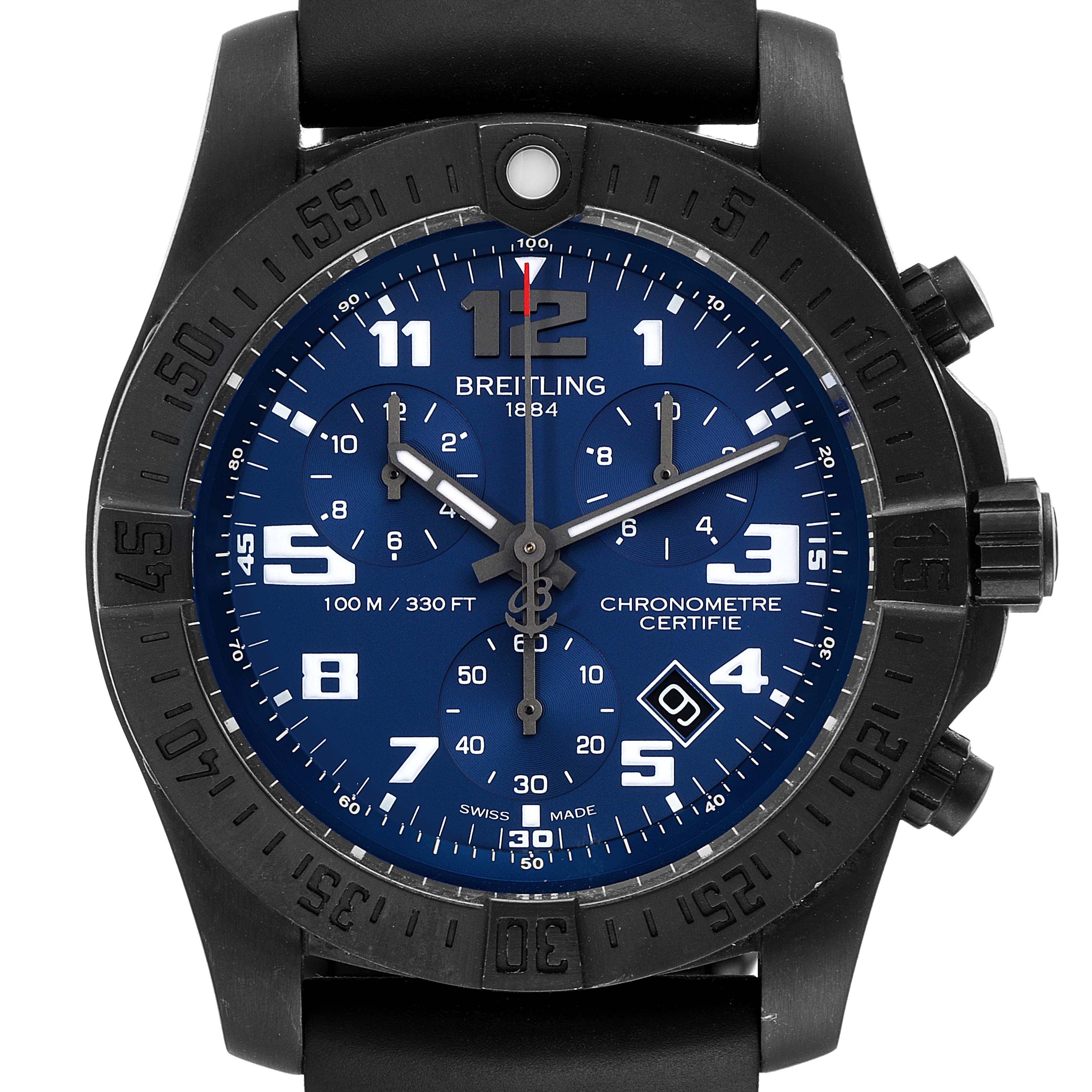 The image shows a front view of the Breitling Professional Series V73330 Men's Titanium Blue Dial V73330 Men's Titanium Blue Dial watch, displaying its dial, bezel, and strap.