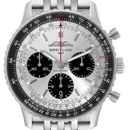 The image shows a front view of a Breitling Navitimer AB0138 Men's Stainless Steel Silver Dial AB0138 Men's Stainless Steel Silver Dial watch, highlighting the dial, chronograph subdials, and part of the metal bracelet.