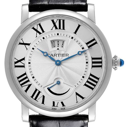 The Cartier Ronde W1556369 Men's Stainless Steel Silver Dial W1556369 Men's Stainless Steel Silver Dial watch is shown front-on, displaying the dial, Roman numerals, date window, and crown with a blue cabochon.