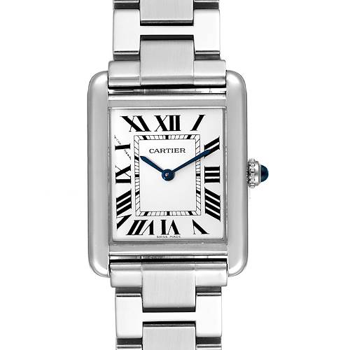 This image shows a front view of a Cartier Tank Solo W5200013 Women's Stainless Steel Silver Dial W5200013 Women's Stainless Steel Silver Dial watch, highlighting its rectangular face, Roman numerals, and metal bracelet.