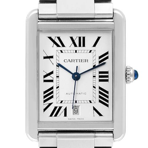 The image shows a close-up front view of the Cartier Tank Solo W5200028 Men's Stainless Steel Silver Dial W5200028 Men's Stainless Steel Silver Dial watch face and part of the metal bracelet.