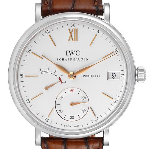 The IWC Portofino IW510103 Men's Stainless Steel Silver Dial IW510103 Men's Stainless Steel Silver Dial watch is shown from a front angle, displaying the dial, hands, subdials, and date window.
