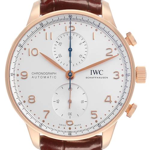 The image shows a front view of the IWC Portuguese IW371611 Men's Rose Gold Silver Dial IW371611 Men's Rose Gold Silver Dial model watch, displaying the dial, hands, subdials, and crown.