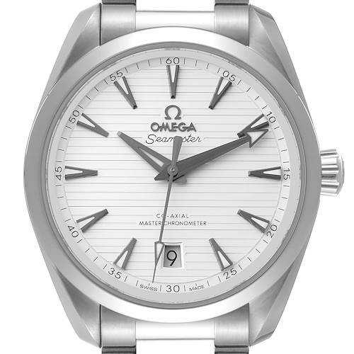 The image shows a front view of the Omega Aqua Terra 220.10.38.20.02.001 Men's Stainless Steel Silver Dial 220.10.38.20.02.001 Men's Stainless Steel Silver Dial watch, highlighting the dial, hands, bezel, crown, and date window.