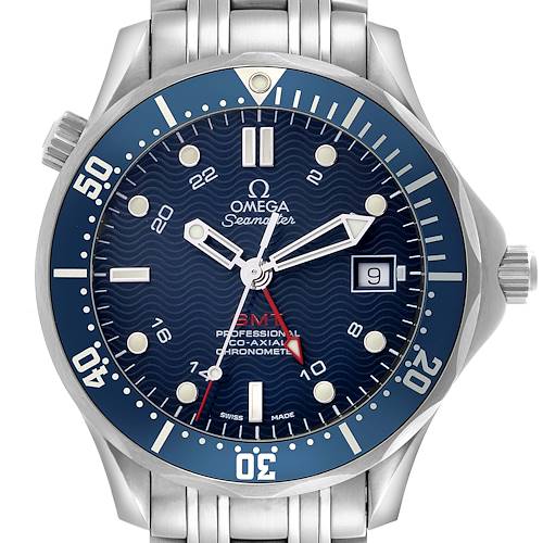 The Omega Seamaster 2535.80.00 Men's Stainless Steel Blue Dial 2535.80.00 Men's Stainless Steel Blue Dial watch is shown from a front angle, highlighting the dial, bezel, hands, and bracelet.