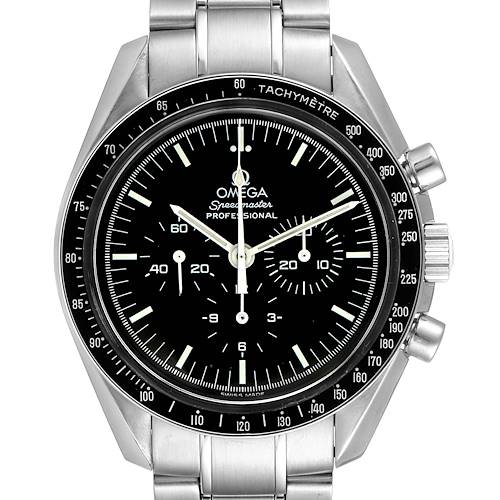This image shows the Omega Speedmaster 3570.50.00 Men's Stainless Steel Black Dial 3570.50.00 Men's Stainless Steel Black Dial watch from a front angle, highlighting its dial, bezel, and chronograph pushers.
