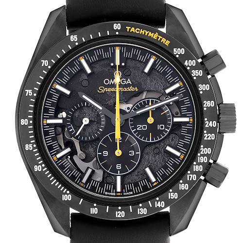 The Omega Speedmaster 311.92.44.30.01.001 Men's Ceramic Black Dial 311.92.44.30.01.001 Men's Ceramic Black Dial watch is shown from a front angle, highlighting the face, subdials, and tachymètre bezel.