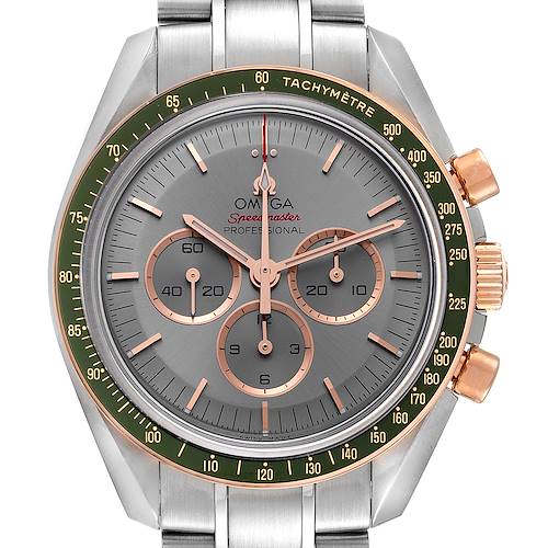 The image shows a front view of an Omega Speedmaster 522.20.42.30.06.001 Men's Steel and Gold (two tone) Grey Dial 522.20.42.30.06.001 Men's Steel and Gold (two tone) Grey Dial watch featuring a tachymeter bezel and three subdials.