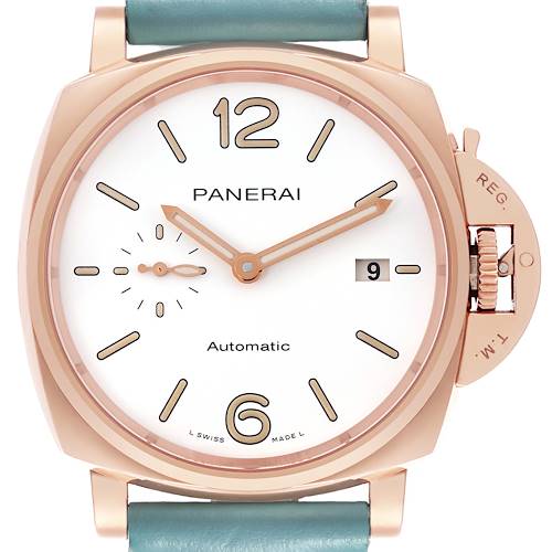 The image shows a front view of a Panerai Luminor PAM01042 Men's Rose Gold White Dial PAM01042 Men's Rose Gold White Dial watch, displaying its face, crown guard, and strap attachment.