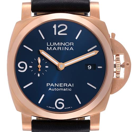 The image shows a front angle of a Panerai Luminor PAM01112 Men's Rose Gold Blue Dial PAM01112 Men's Rose Gold Blue Dial Marina watch, highlighting its blue dial, date window, and crown guard.
