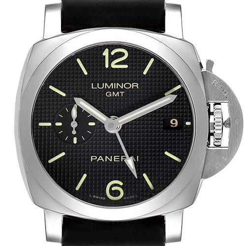 The image shows a front view of a Panerai Luminor PAM00535 Men's Stainless Steel Black Dial PAM00535 Men's Stainless Steel Black Dial GMT watch, displaying the face, hands, crown, and crown guard.