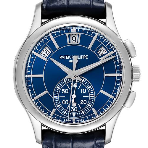 The Patek Philippe Complications 5905P - 001 Men's Platinum Blue Dial 5905P - 001 Men's Platinum Blue Dial watch is shown from the front, highlighting the blue dial, subdials, calendar features, and crown.