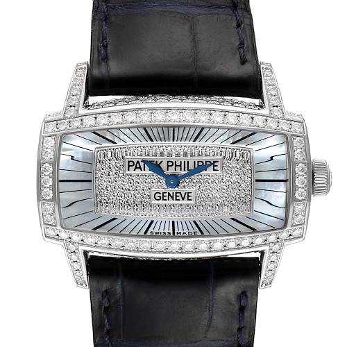 The image shows a top-down view of the Patek Philippe Gondolo 4992G Women's White Gold Mother of Pearl Dial 4992G Women's White Gold Mother of Pearl Dial watch, displaying the dial, face, and part of the leather strap.