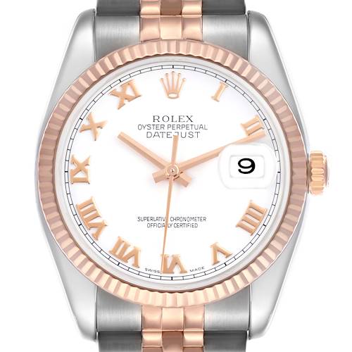 The Rolex Datejust 116231 Men's Steel and Gold (two tone) White Dial 116231 Men's Steel and Gold (two tone) White Dial watch is shown from the front, highlighting the face, bezel, and bracelet.