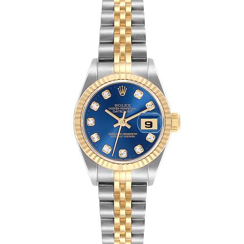 The Rolex Datejust 69173 Women's Steel and Gold (two tone) Blue Dial 69173 Women's Steel and Gold (two tone) Blue Dial watch is shown from a front angle, displaying the dial, bezel, and bracelet.