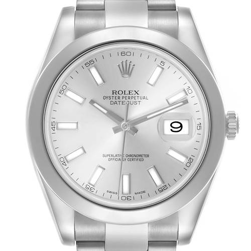 The image shows a frontal view of the Rolex Datejust 41 116300 Men's Stainless Steel Silver Dial 116300 Men's Stainless Steel Silver Dial watch, highlighting the dial, bezel, and part of the bracelet.