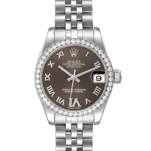 This image shows a front view of a Rolex Mid-Size 178384 Women's Stainless Steel Brown Dial 178384 Women's Stainless Steel Brown Dial Datejust watch, featuring the dial, casing, bezel, and bracelet.