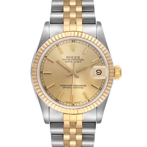 The Rolex Mid-Size 68273 Women's Steel and Gold (two tone) Champagne Dial 68273 Women's Steel and Gold (two tone) Champagne Dial watch is shown from a top-down angle, displaying the face and bi-metal bracelet.