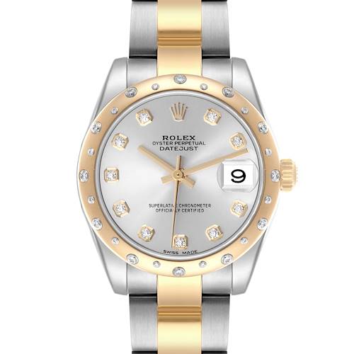 The Rolex Datejust Mid-Size watch is shown from the front, highlighting its bezel, dial, and the date window.