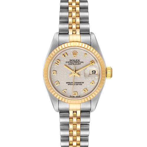 This image shows a front view of the Rolex Datejust 79173 Women's Steel and Gold (two tone) Silver Dial 79173 Women's Steel and Gold (two tone) Silver Dial watch, featuring a two-tone bracelet and a date display at 3 o'clock.